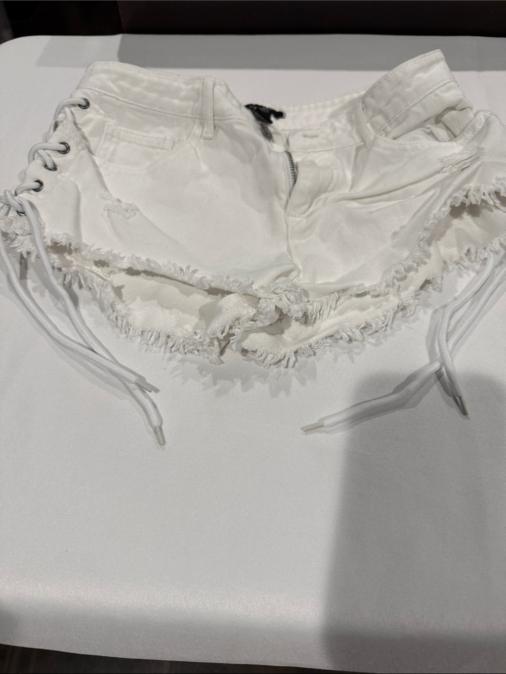 Forever 21 White Lace-Up Frayed Denim Shorts